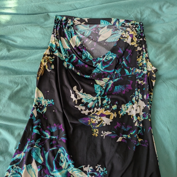 Worthington Tops - Floral Cowl Neck Sleeveless Top in Black with Teal & Purple
